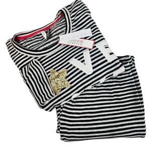 NWT Jaclyn Intimates Black & White Stripe Festive Fleece Pajama‎ Set Size Small